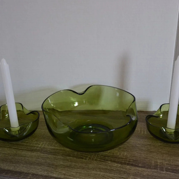 Olive Green Console Bowl with Matching Candle  Holders - Picture 2 of 7